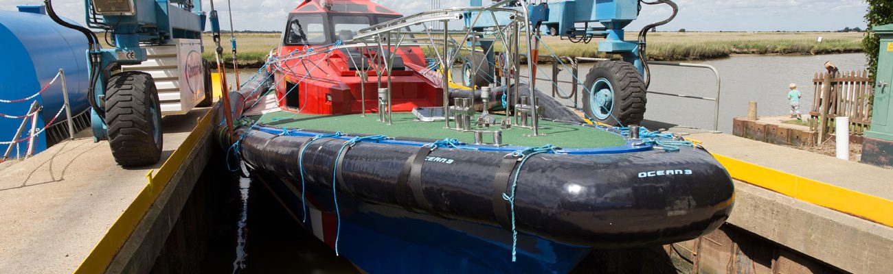 A Goodchild Marine boat docked in the water.