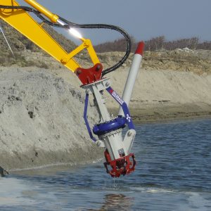 A blue and yellow Goodchild Marine excavator.