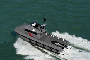 A Goodchild Marine boat gracefully gliding through the water.