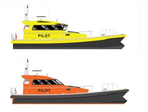 Two orange and black Goodchild Marine boats are shown side by side.