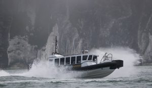 A Goodchild Marine boat is speeding through the water on a foggy day.
