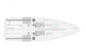 A boat floor plan designed by Goodchild Marine with a large number of compartments.