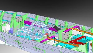The interior of a boat by Goodchild Marine is shown in a 3D model.