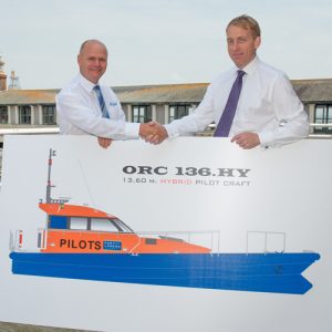 Alan Goodchild, Managing Director of Goodchild Marine Services Limited, with Robin Mortimer, PLA Chief Executive, at the formal signing of the ORC 136.HY contract.