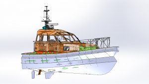A 3d model of a boat with a wooden hull, designed by Goodchild Marine.