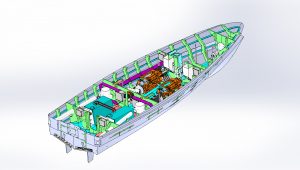 The interior of a Goodchild Marine boat is shown in a 3d model.