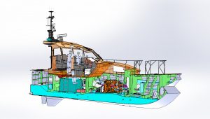 A 3D model of a boat with a lot of equipment on it by Goodchild Marine.