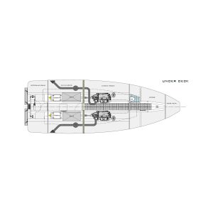 Description: The floor plan of a sailboat by Goodchild Marine with a large engine.