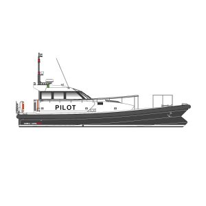 A drawing of a boat with a Goodchild Marine pilot on it.