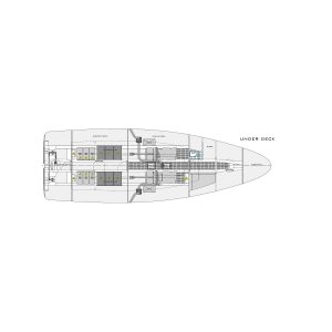 The floor plan of a boat designed by Goodchild Marine with a large number of compartments.