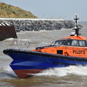 A Goodchild Marine boat gracefully gliding through the water.