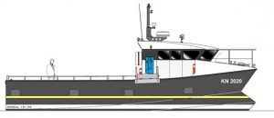 A Goodchild Marine boat equipped with a large engine, depicted in a drawing.