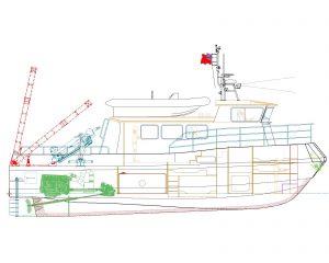 A drawing of a boat with a crane on it by Goodchild Marine.